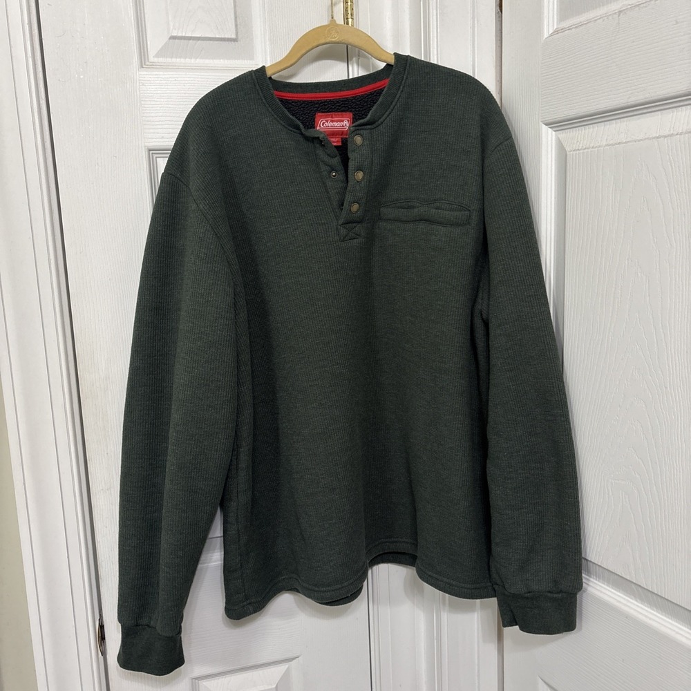 Coleman Men's Waffle Knit Sweatshirt Henley Sherpa Lined XXL Heathered Green